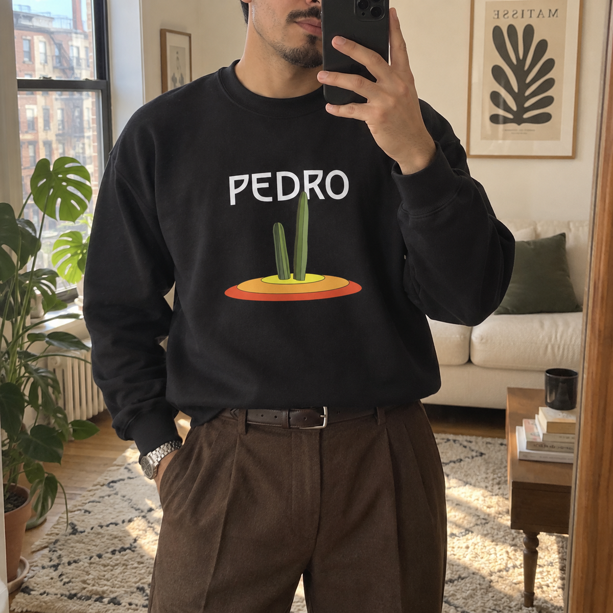 Black Pedro cactus sweatshirt in a natural customer-style home photo