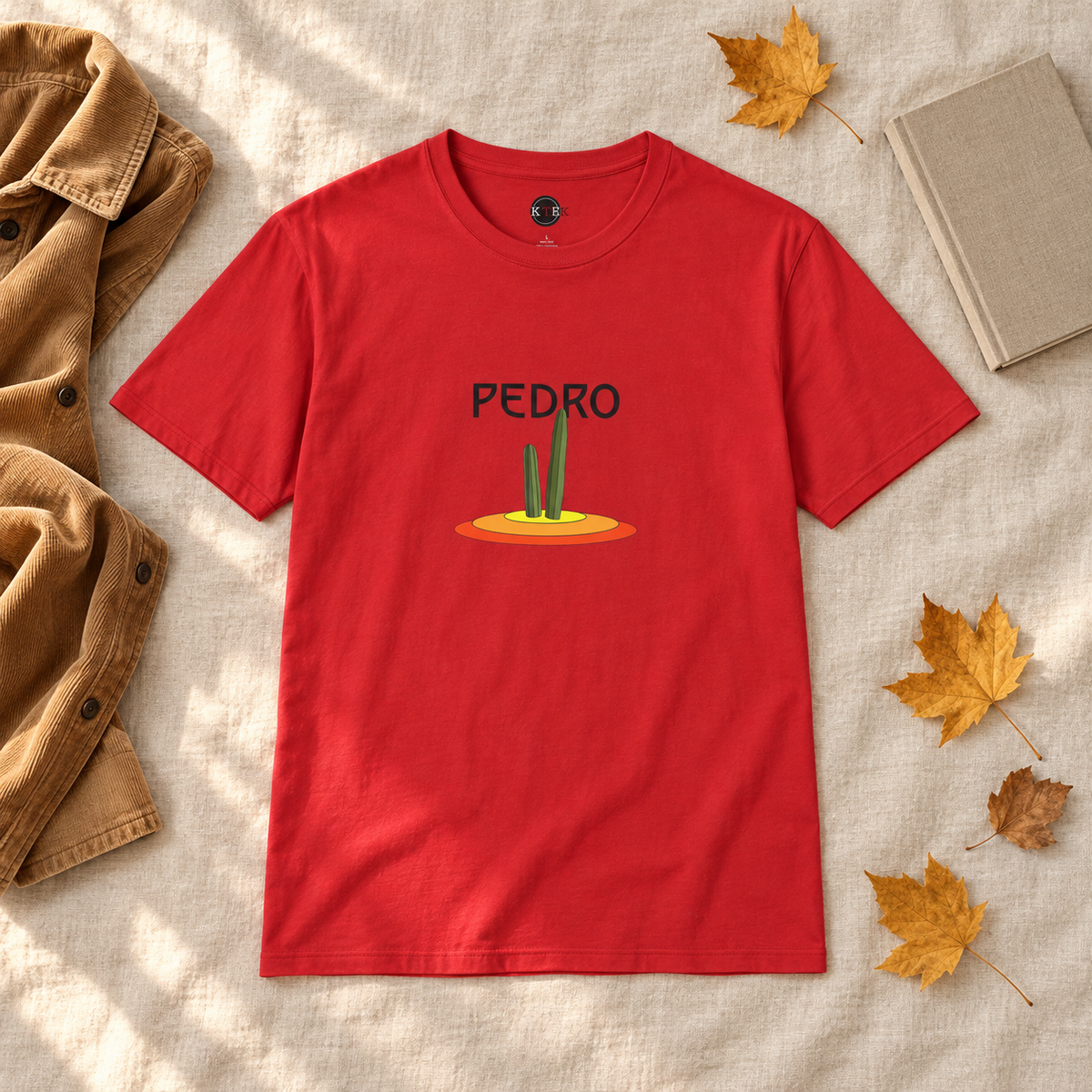 Red Pedro Cactus shirt laid flat with autumn accessories