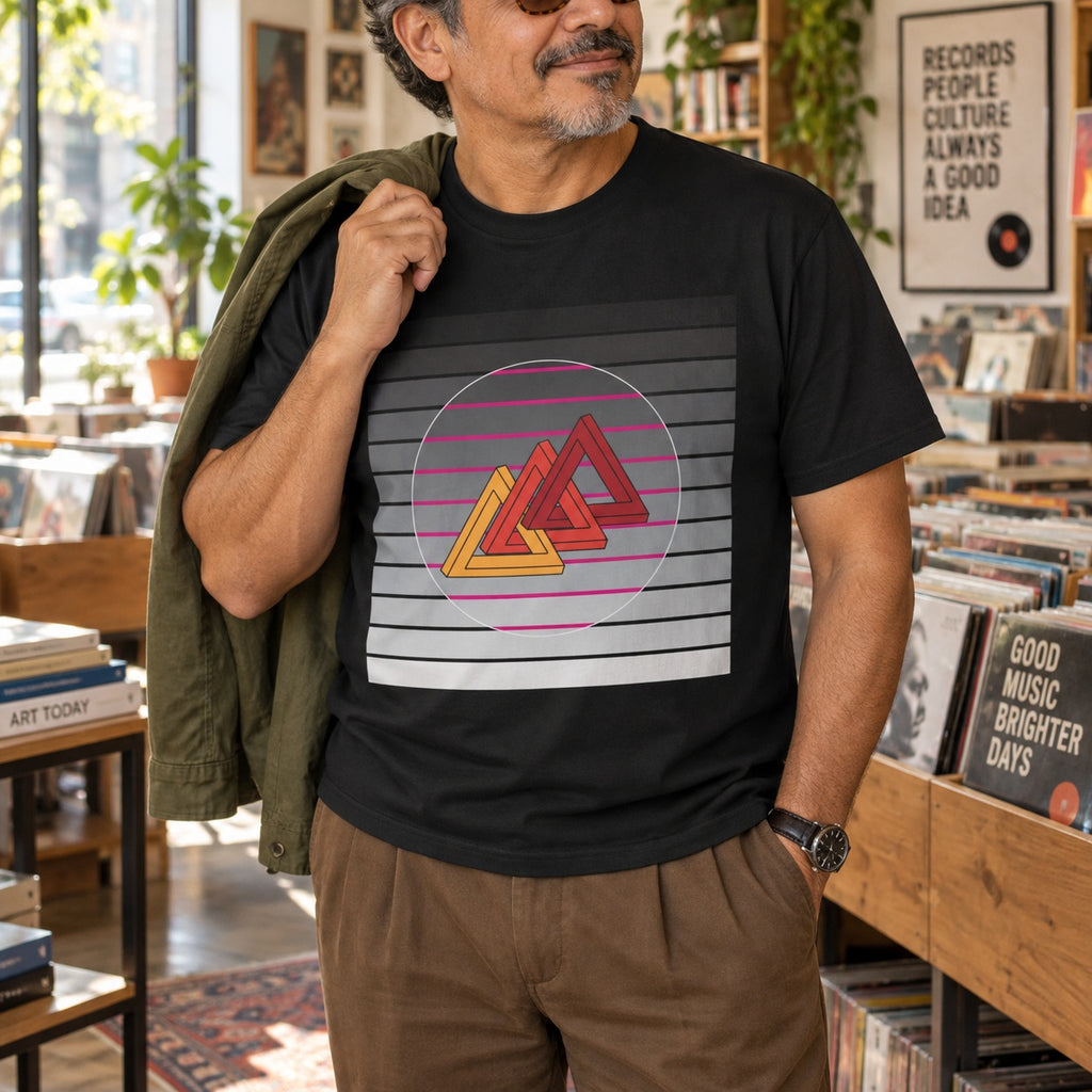 Man wearing the Black Retro Impossible Link graphic T-shirt in a bright record shop
