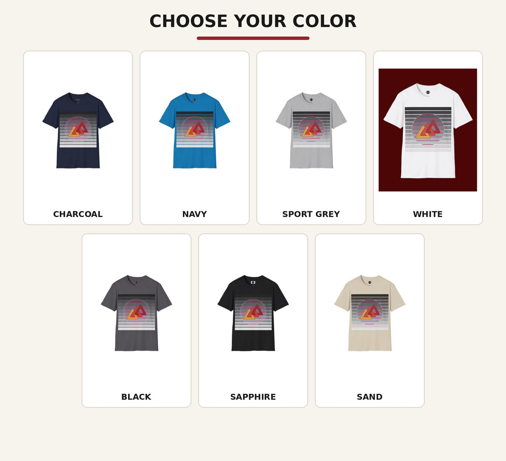 Retro Impossible Link T-shirt color guide showing Charcoal, Navy, Sport Grey, White, Black, Sapphire and Sand
