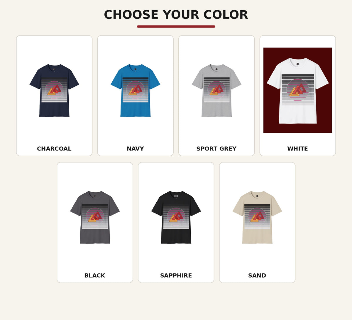 Retro Impossible Link T-shirt color guide showing Charcoal, Navy, Sport Grey, White, Black, Sapphire and Sand
