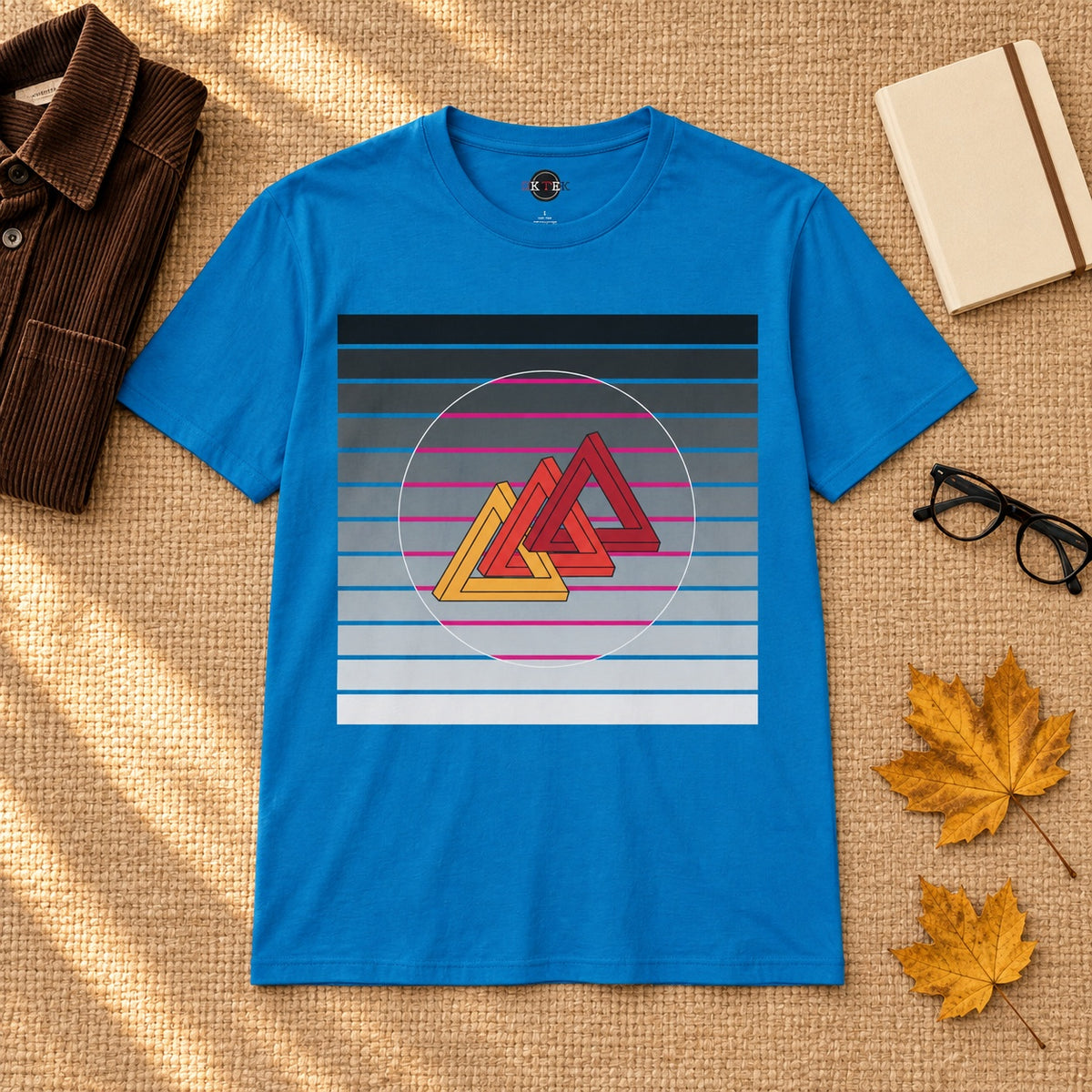 Retro Impossible Link graphic T-shirt in Sapphire styled in a warm early-autumn flat lay