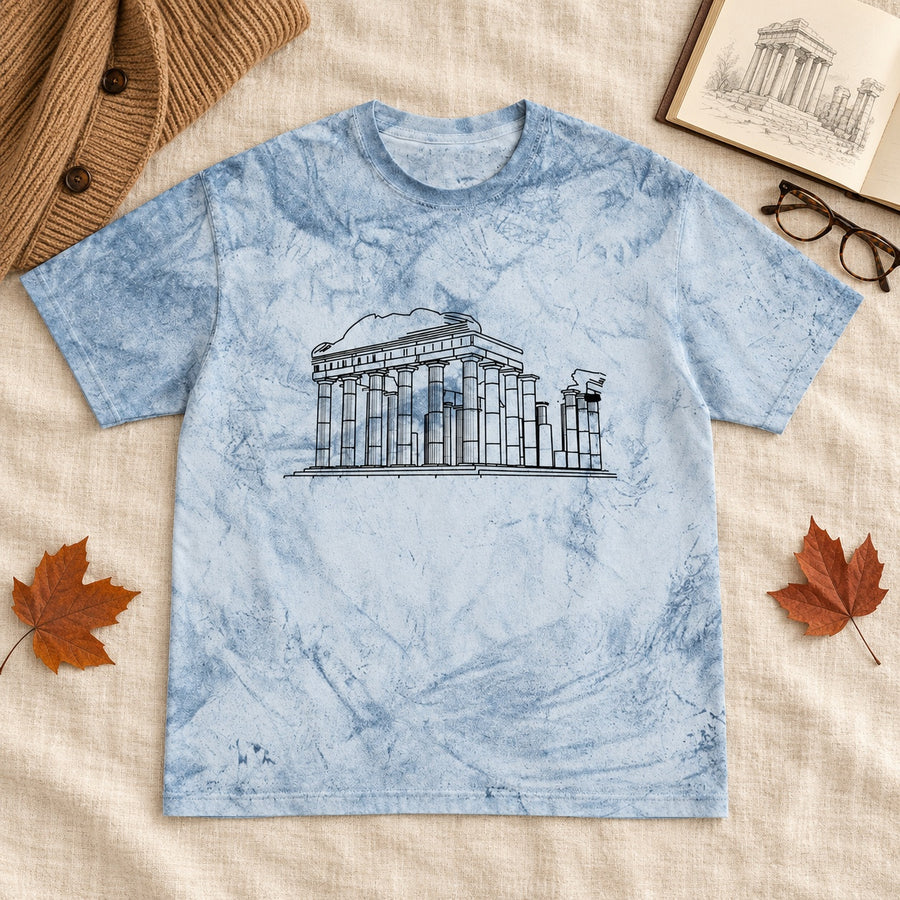 Blue tie-dye Roman Ruins shirt with architectural line art, laid flat