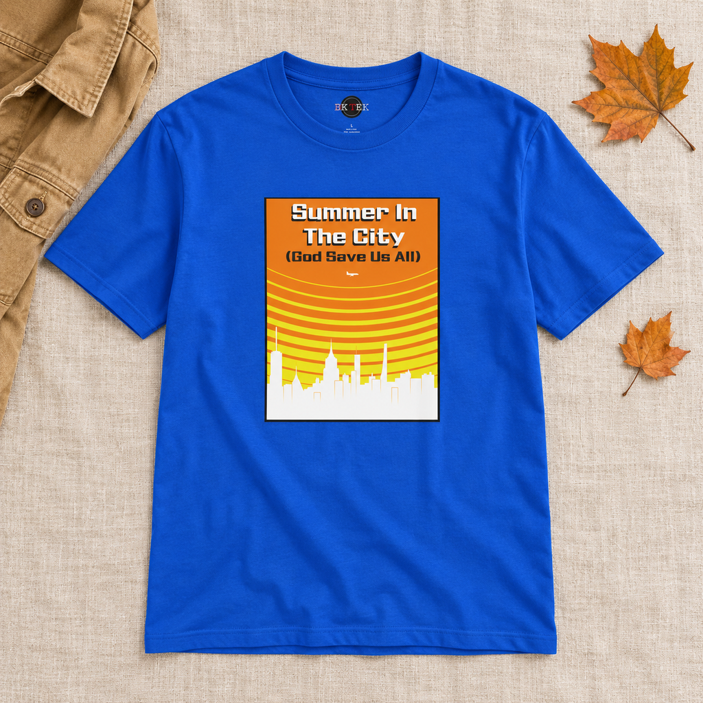 Royal blue Summer in the City shirt laid flat with autumn leaves