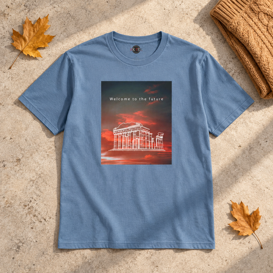 Stone blue Vaporwave Roman Ruins shirt laid flat with autumn accessories