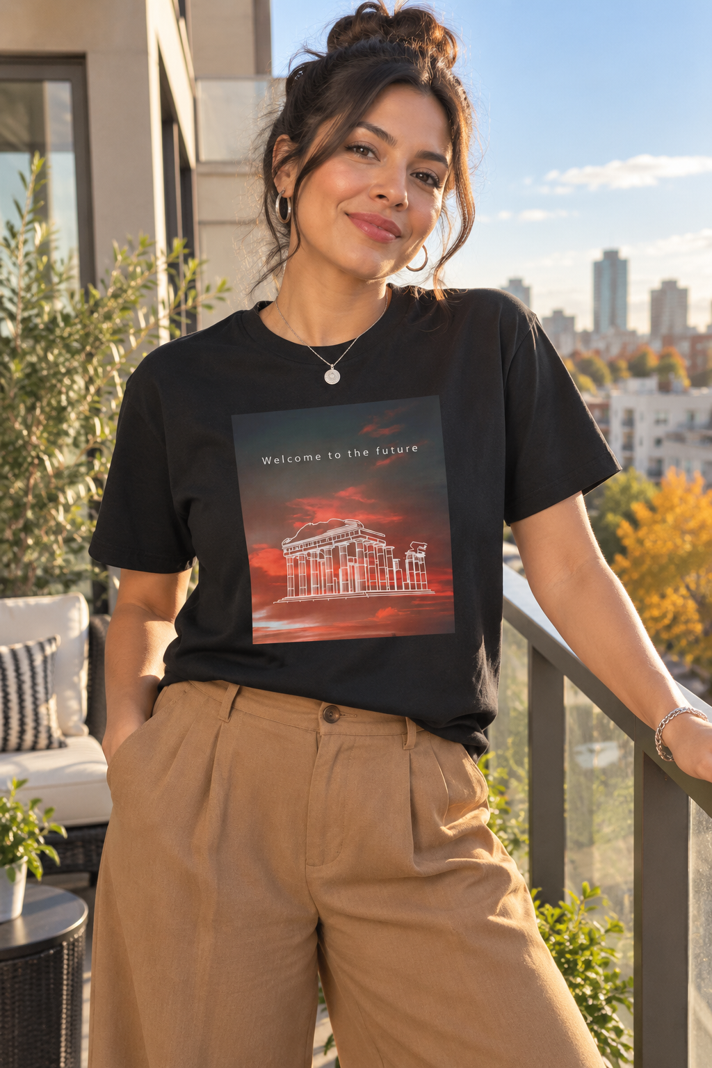 Woman wearing a black Vaporwave Roman Ruins shirt outdoors